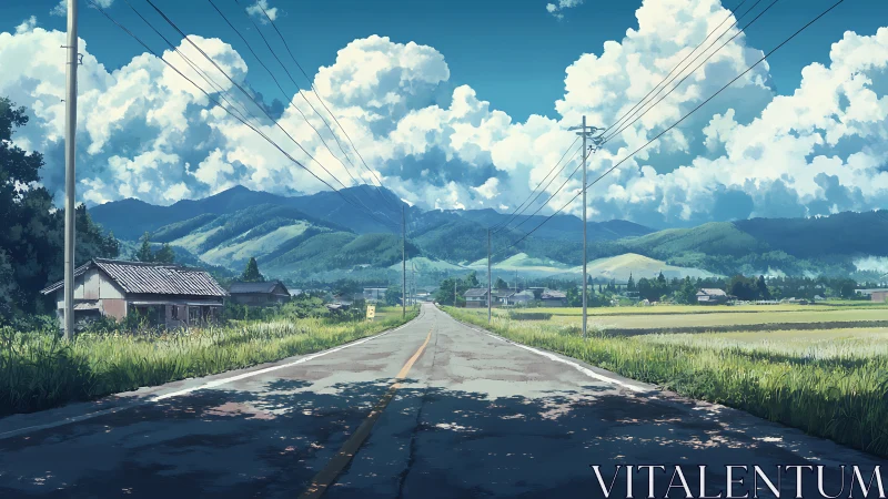 Sunny country road leading toward soft blue summer mountains.