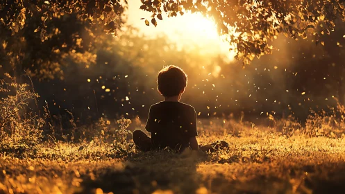 Child sitting in backlit meadow under tree at sunset.