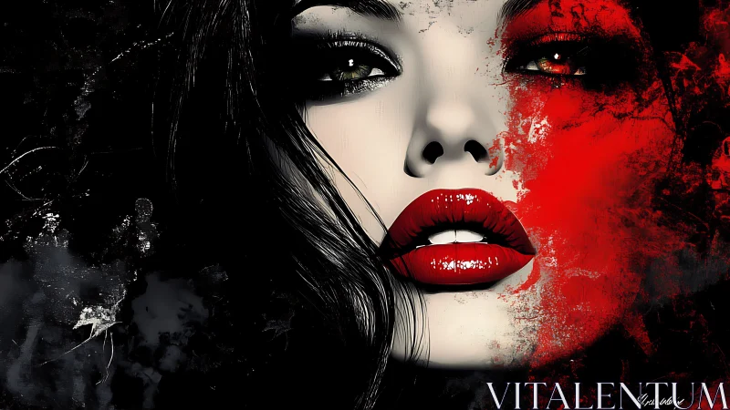 Red-lipped midnight muse in bold shadow and flame.