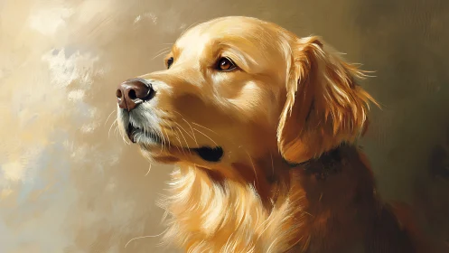 Golden retriever portrait painted in warm glowing light.