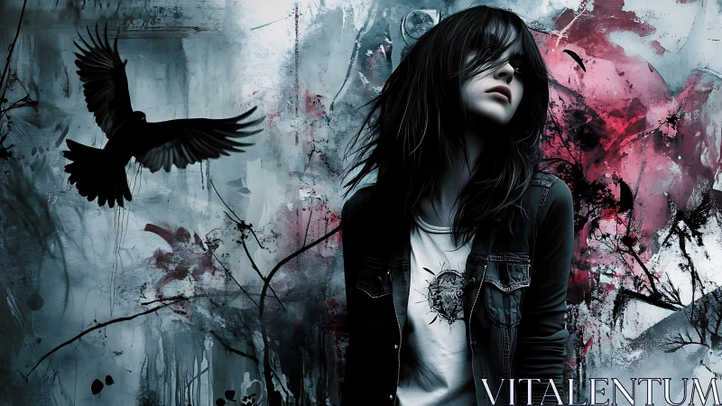 Brooding goth girl stands before wild crow and ink storm