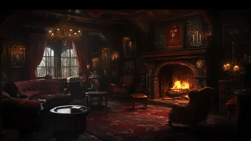 Dimly lit Victorian lounge with red drapes and fireplace.