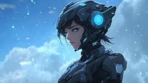 Cybernetic pilot portrait in luminous blue exosuit profile.