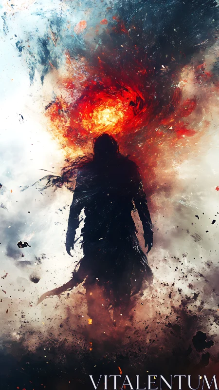 Silhouetted dark warrior walks through blazing cosmic storm
