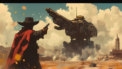 Lone space cowboy facing a colossal desert war machine.