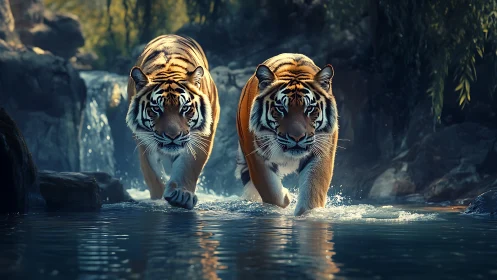 Two Bengal Tigers Crossing Stream Through Forest