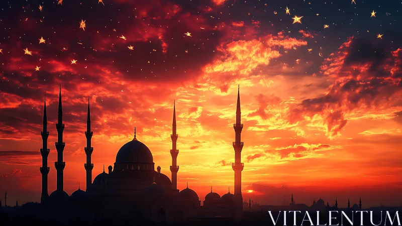 Minaret-dense mosque silhouette under spectral ember sky.