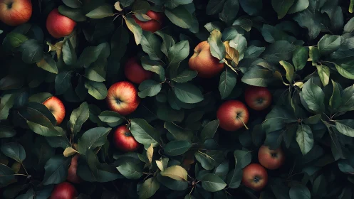 Crimson apples hiding in dusky orchard leaves and shadows.