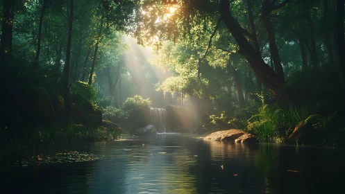 Enchanted Forest Stream with Golden Sunlight.