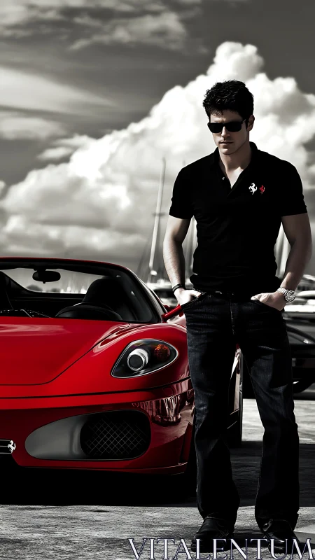 High-contrast portrait of man in black beside glossy red supercar