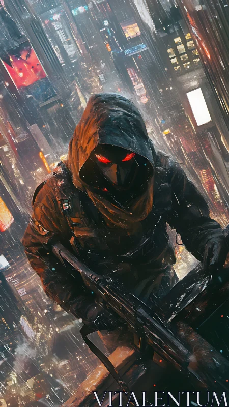 Hooded cybernetic sniper stalks neon city in driving rain.