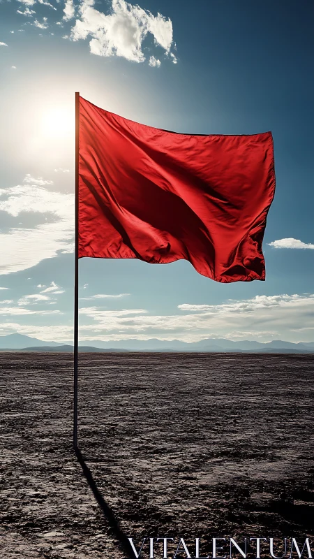 Photorealistic red flag in minimalist desert backlit composition.