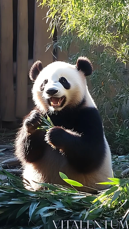 Playful giant panda savors bamboo in warm dappled sunlight