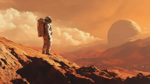 Astronaut observes distant planet on rugged orange terrain