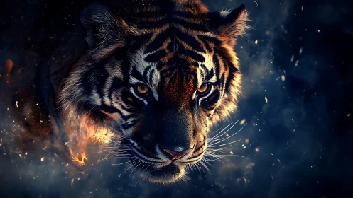 Fierce tiger portrait in glowing embers and dark smoke.