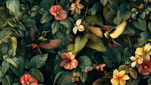 Hummingbirds ignite lush tropical foliage with vivid motion.
