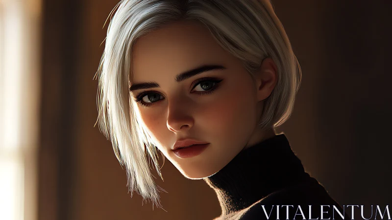 Soft rim lighting sculpts stylized portrait of short-haired woman