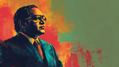 Chromatic portrait of suited thinker in asymmetrical bokeh field.