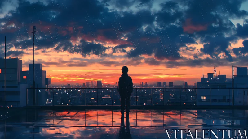 Quiet rooftop sunset in the rain over glowing city lights.