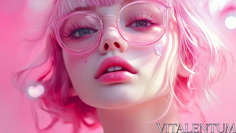 Digital portrait of pink haired subject with round glasses.