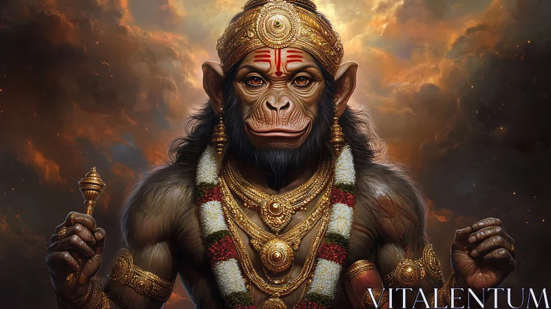 Anthropomorphic monkey deity in ornate golden regalia.