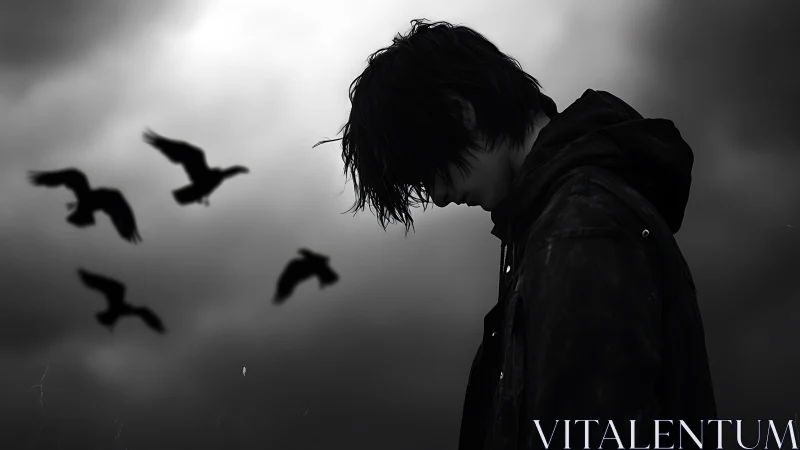 Silhouetted young figure under storm clouds with crows overhead.