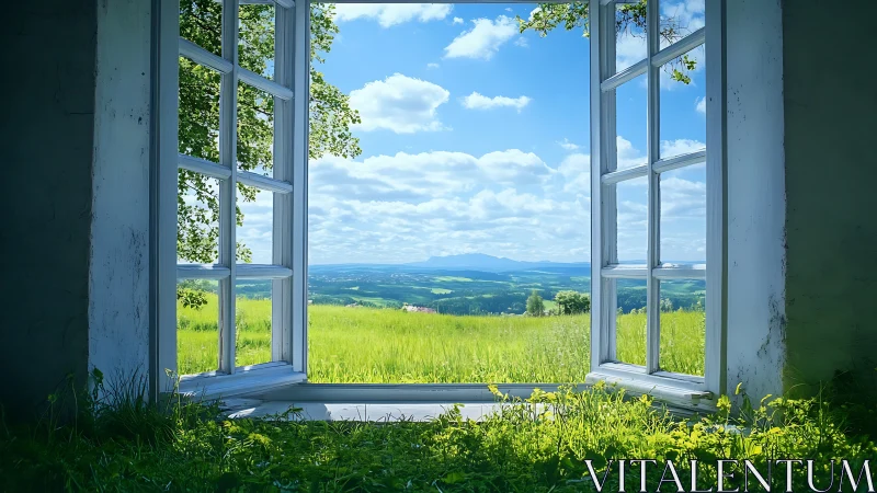 Wide open casement window framing high dynamic range meadow.