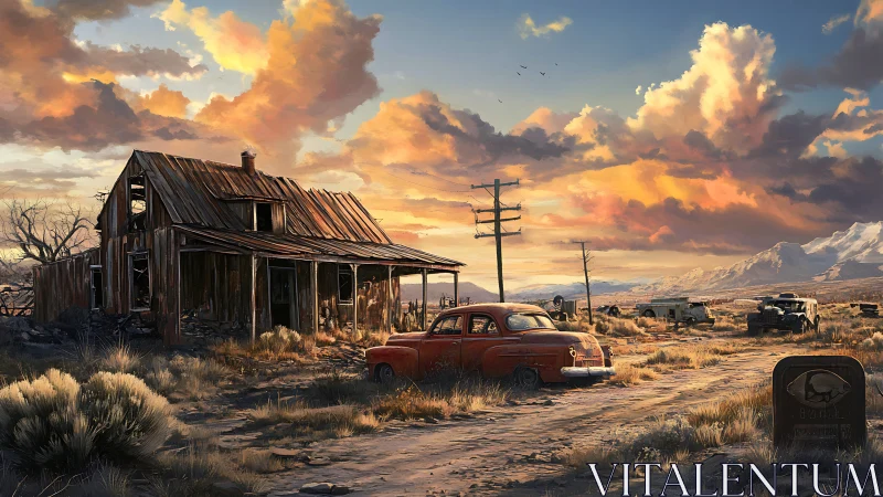 Desert homestead ruin with vintage cars under sunset sky.
