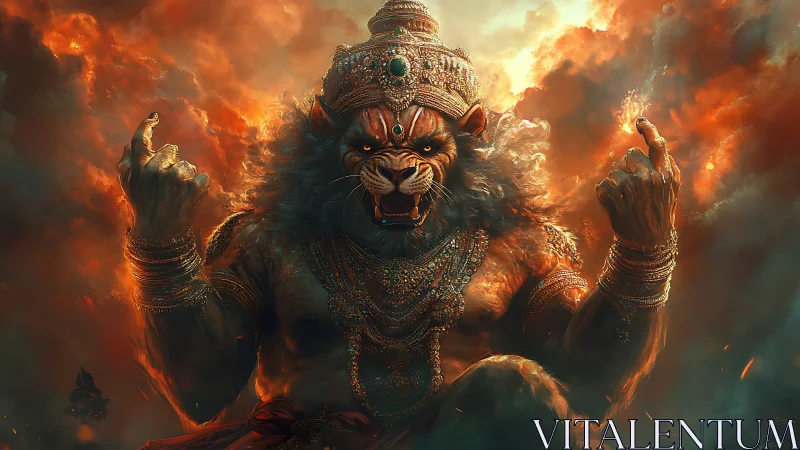Lion-headed warrior deity roars amid blazing celestial storm