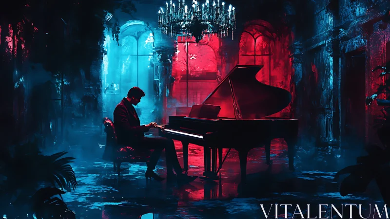 Solitary pianist performs under neon light in ruined hall