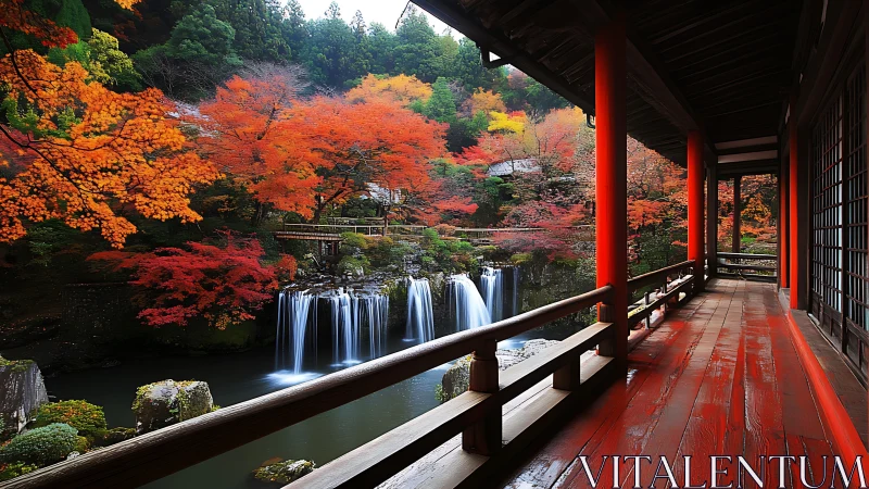 Temple veranda view over autumn forest and tiered waterfall.