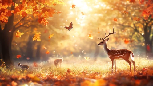 Gentle autumn deer enjoying golden forest sunshine.