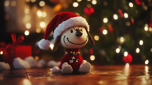 Toy dog figurine in Santa outfit sits before defocused lights
