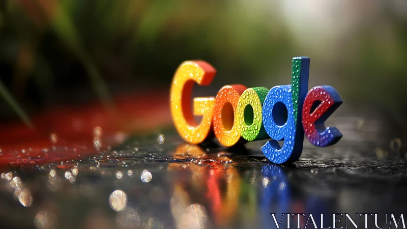 Rainbow Google logo gleams on rain-slicked reflective street.