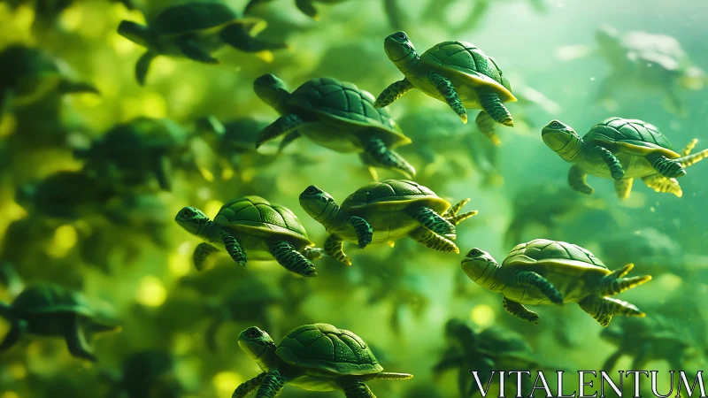 Emerald sea turtle parade drifting through glowing green light.