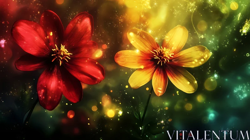 Twin luminous flowers glow against abstract bokeh cosmos