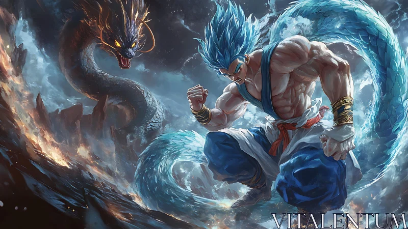 Muscular blue‑haired warrior confronts serpentine energy dragon in storm