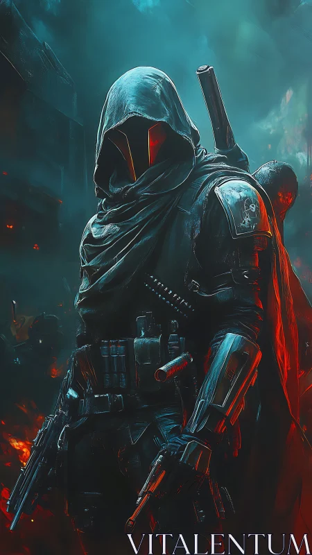 Armored hooded warrior with pistols in burning ruins.
