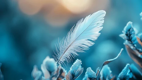 Soft white feather suspended in dreamy blue bokeh light.