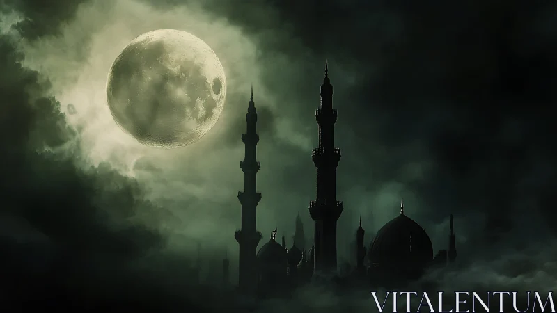 Full moon above silhouetted mosque towers in dense fog.