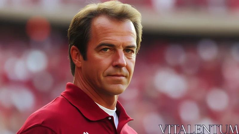 Focused middle-aged man in red shirt at sports venue stands.