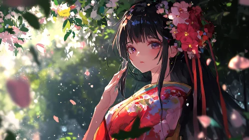 Sunlit kimono maiden beneath drifting spring blossoms.