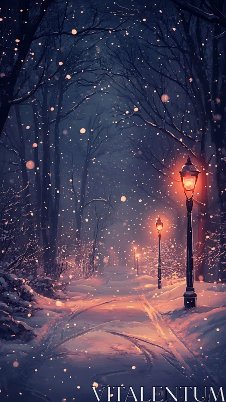 Snowy winter path under glowing lampposts at dusk.