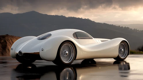 Sculpted white concept car gliding over a reflective roadway.