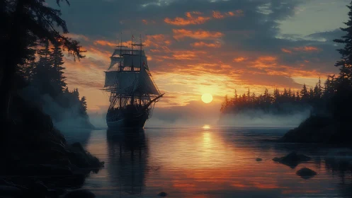 Tall ship crosses misted inlet under burning sunset sky