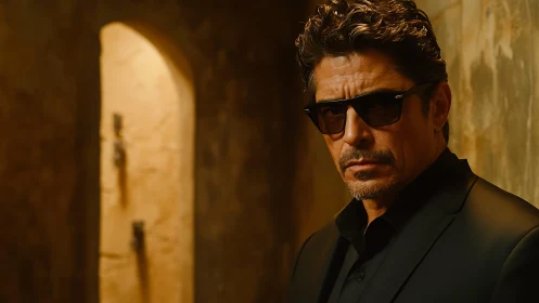 Photorealistic portrait of stern man in noir interior lighting.