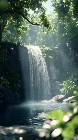 Sunlit jungle waterfall pours into still forest pool.