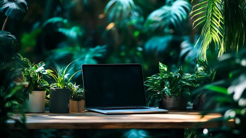 Laptop workspace nestles among lush indoor jungle plants.