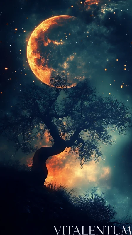 Midnight moonrise over a dreaming, firelit forest sky.