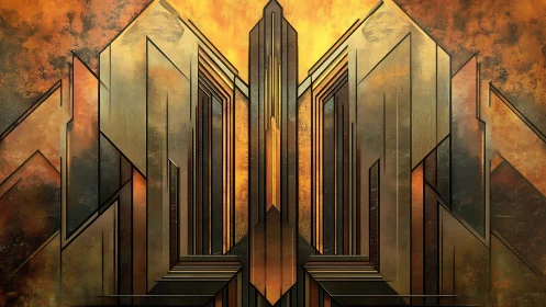 Geometric metallic skyscraper forms rise against glowing sky